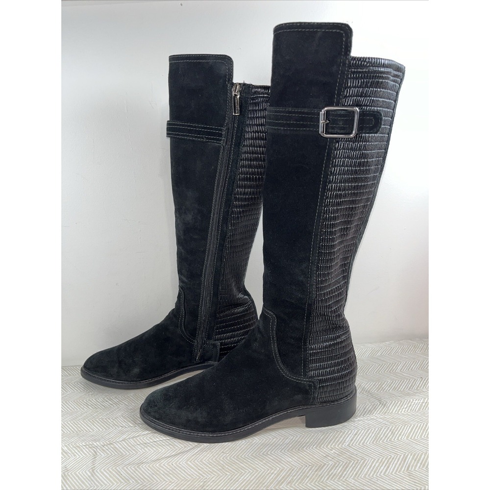 Aquatalia Women's Gael 8.5 Black Suede Stretch Side Zip Knee High Boots Italy